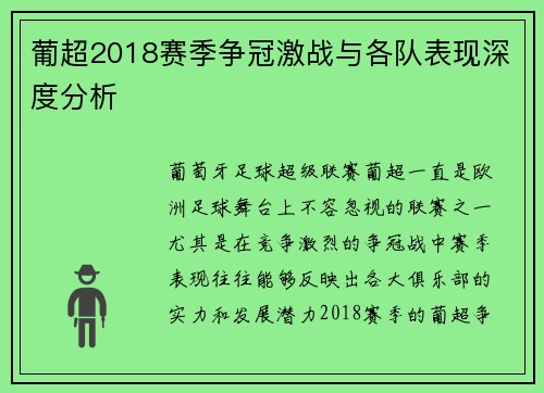 葡超2018赛季争冠激战与各队表现深度分析