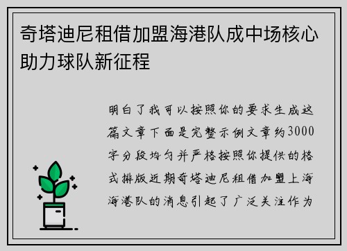 奇塔迪尼租借加盟海港队成中场核心助力球队新征程